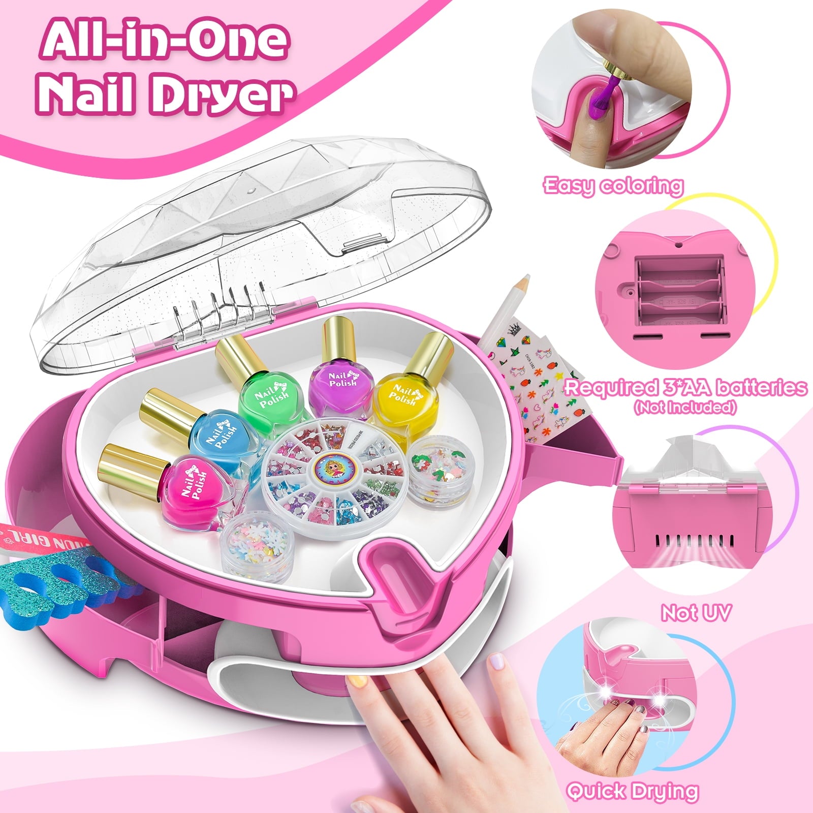BATTOP Kids Nail Polish Kit for Girls Ages 6-12, Nail Art Set with Nail Dryer, Peel-Off Polish & Organizer