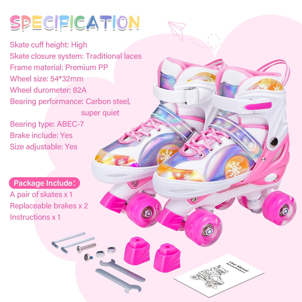 BVIVOK Adjustable Kids Roller Skates for Girls with Light up Wheels, Pink, Size 10C-13C