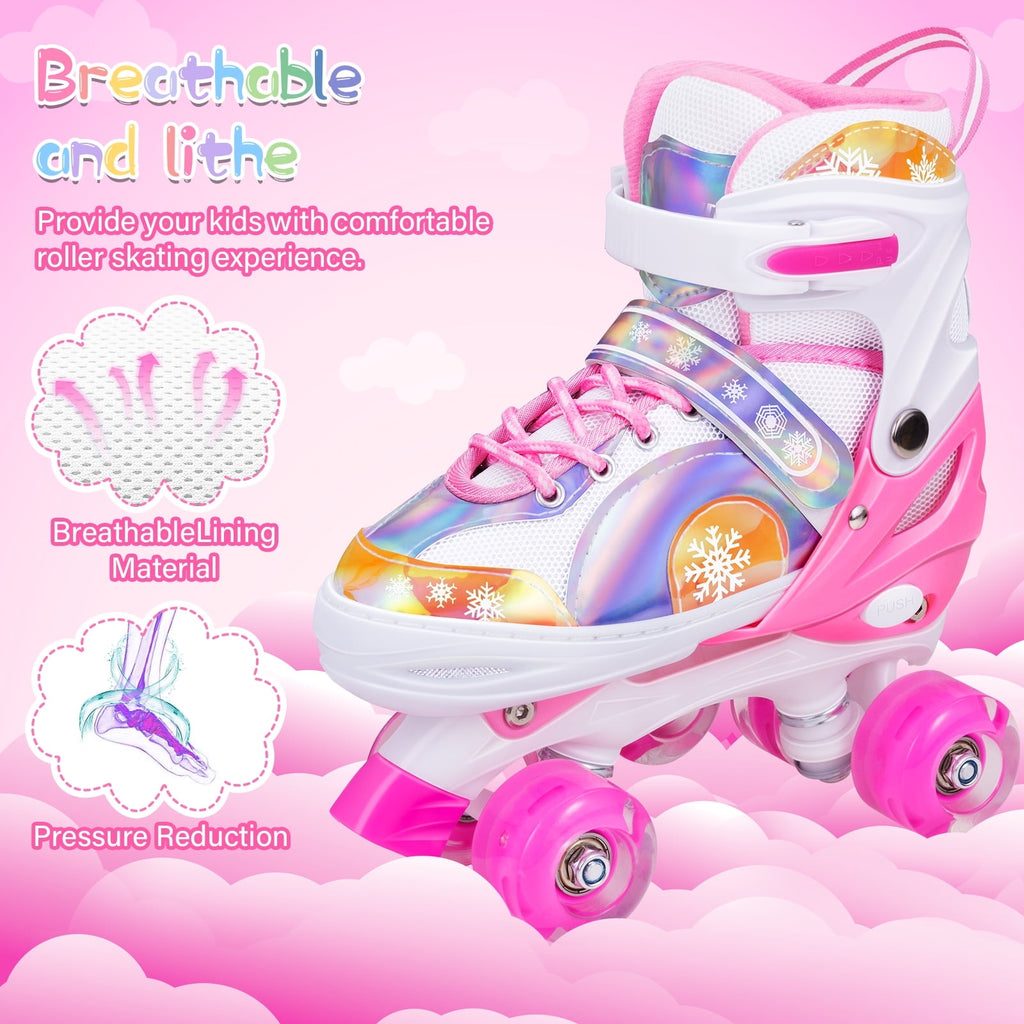 BVIVOK Adjustable Kids Roller Skates for Girls with Light up Wheels, Pink, Size 10C-13C