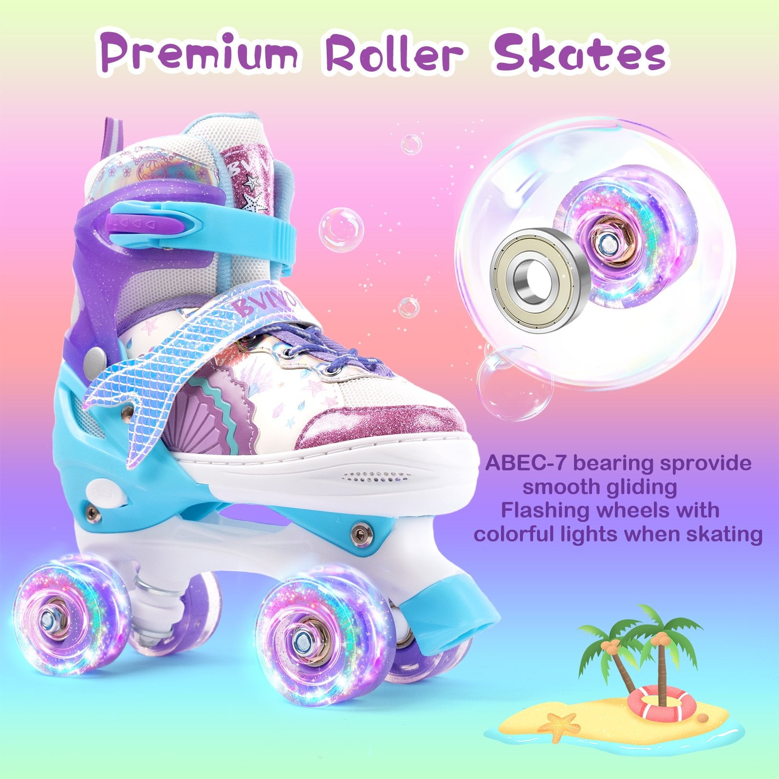 BVIVOK Adjustable Kids Roller Skates for Girls with Light up Wheels, Purple, Size 10C-13C
