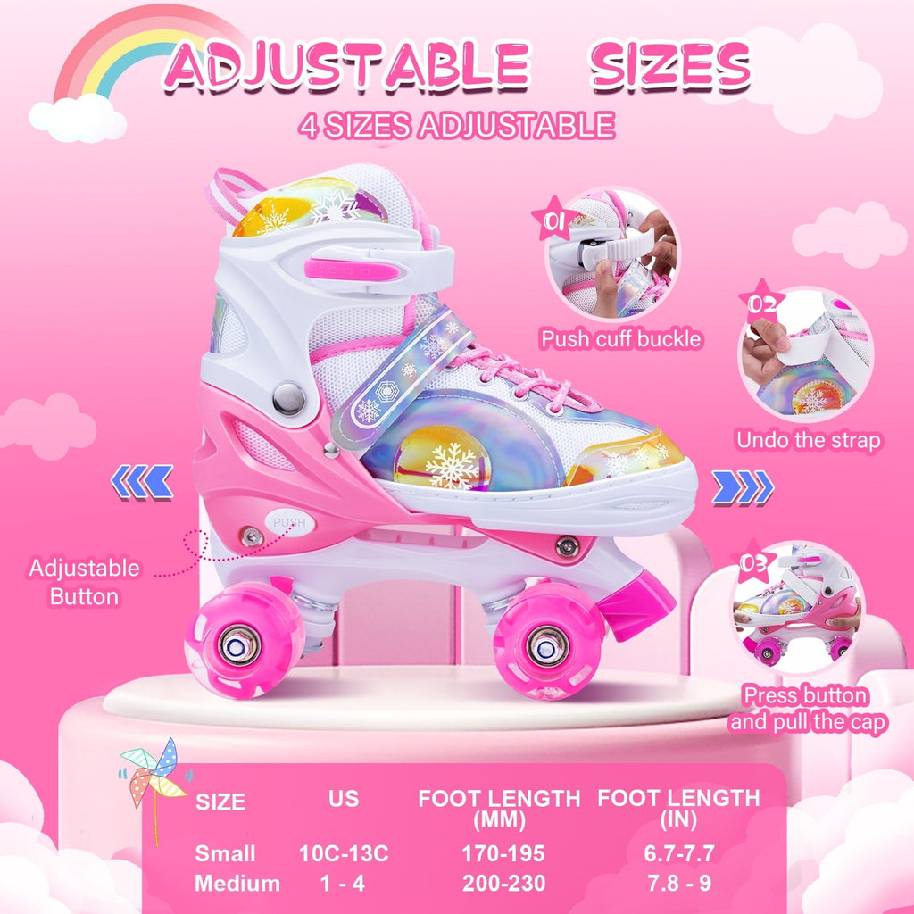 BVIVOK Adjustable Kids Roller Skates for Girls with Light up Wheels, Pink, Size 10C-13C