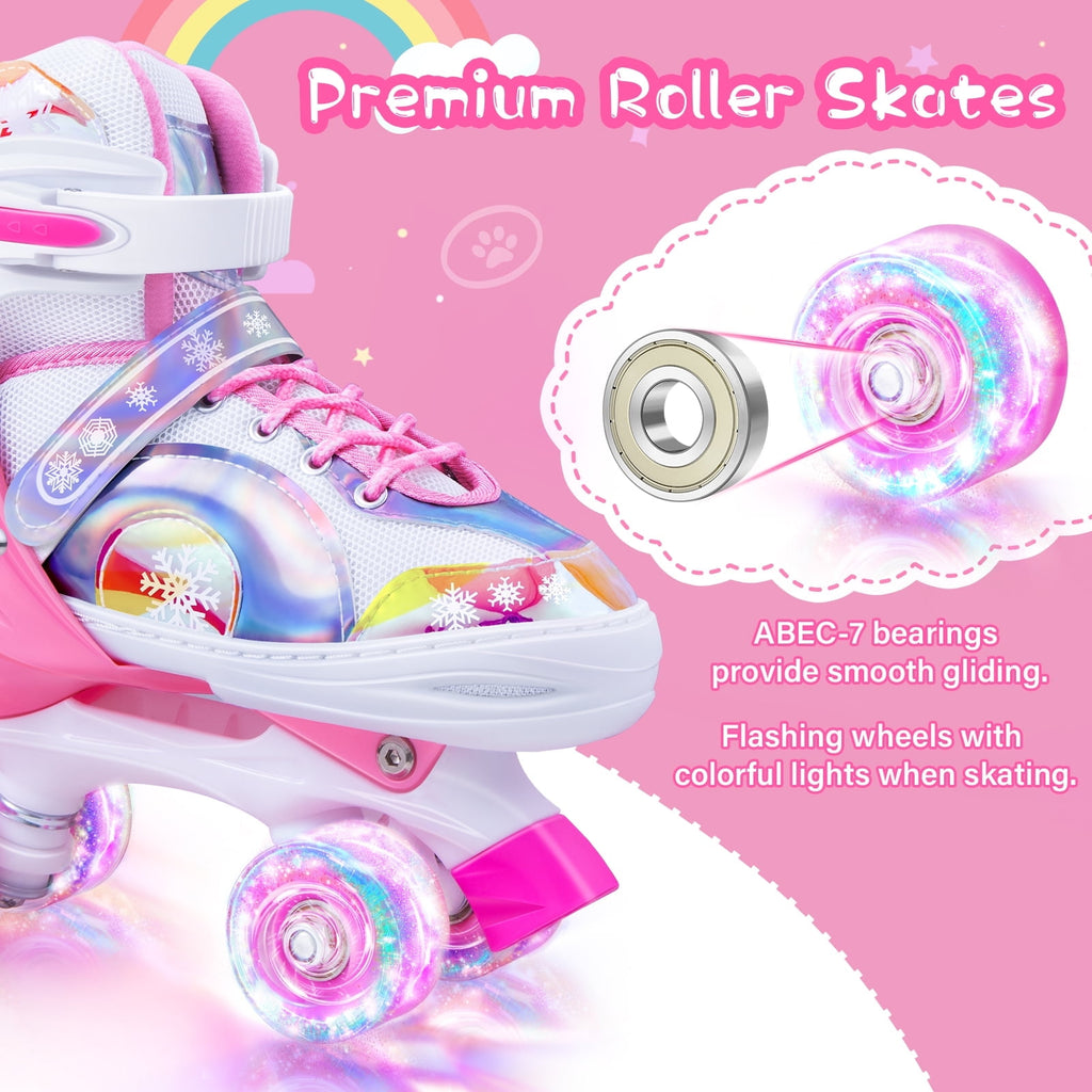 BVIVOK Adjustable Kids Roller Skates for Girls with Light up Wheels, Pink, Size 10C-13C