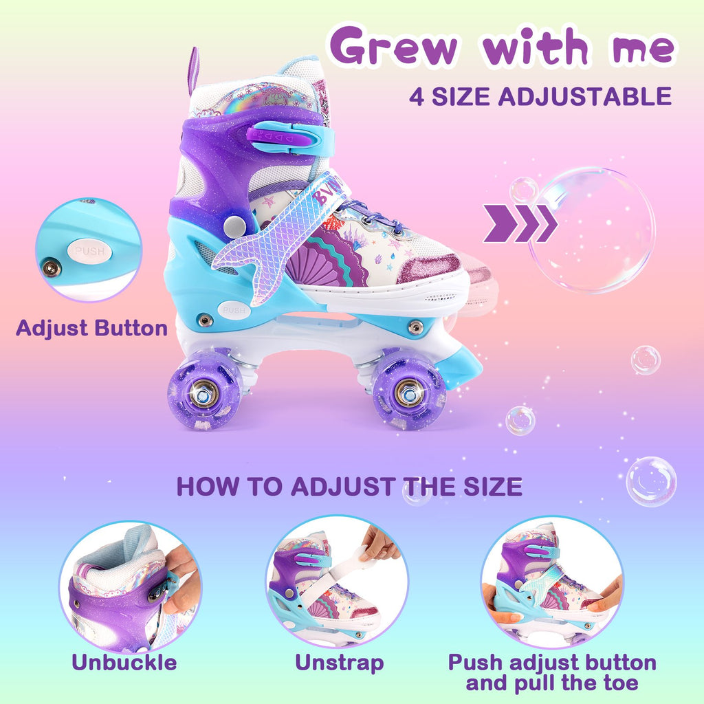 BVIVOK Adjustable Kids Roller Skates for Girls with Light up Wheels, Purple, Size 1-4