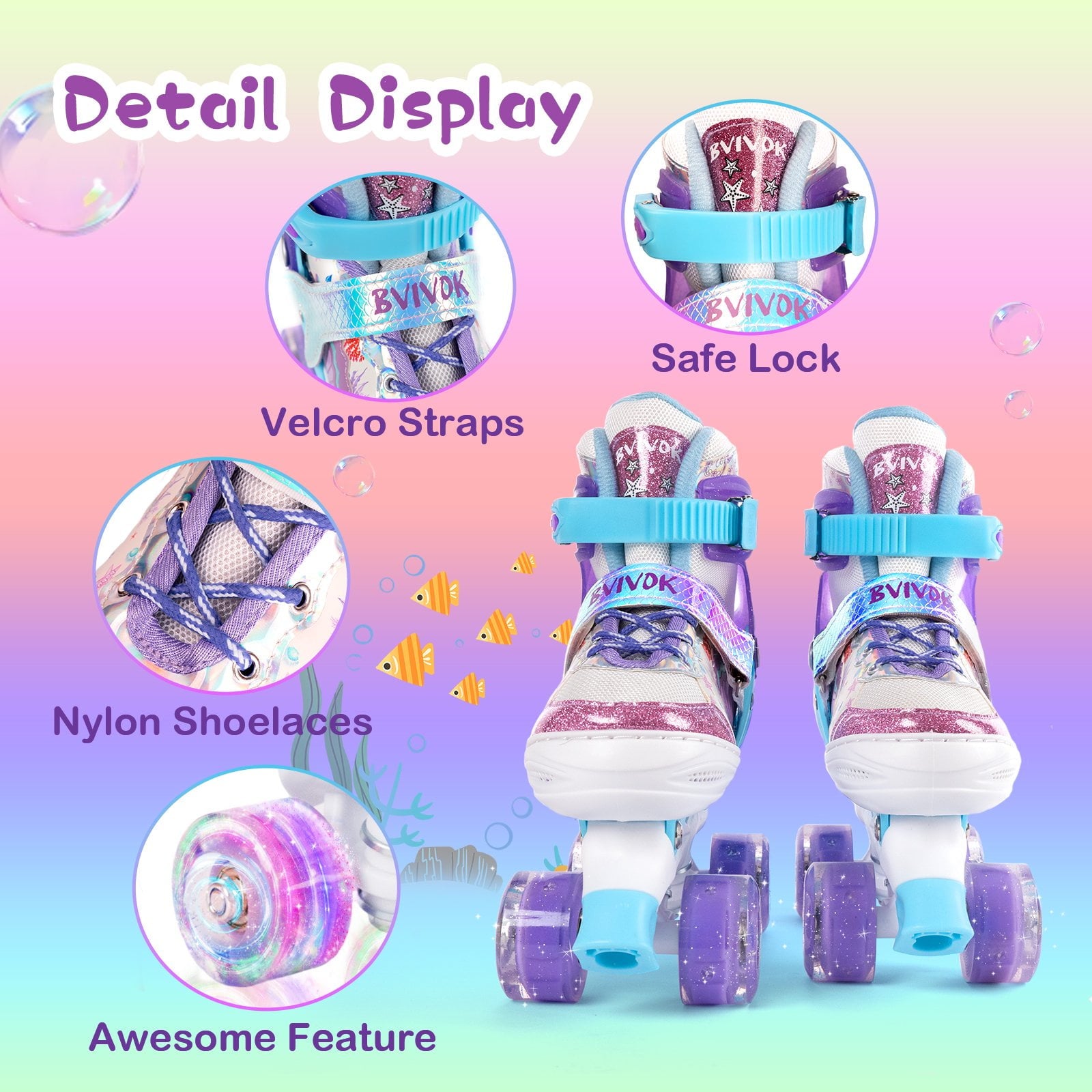 BVIVOK Adjustable Kids Roller Skates for Girls with Light up Wheels, Purple, Size 1-4