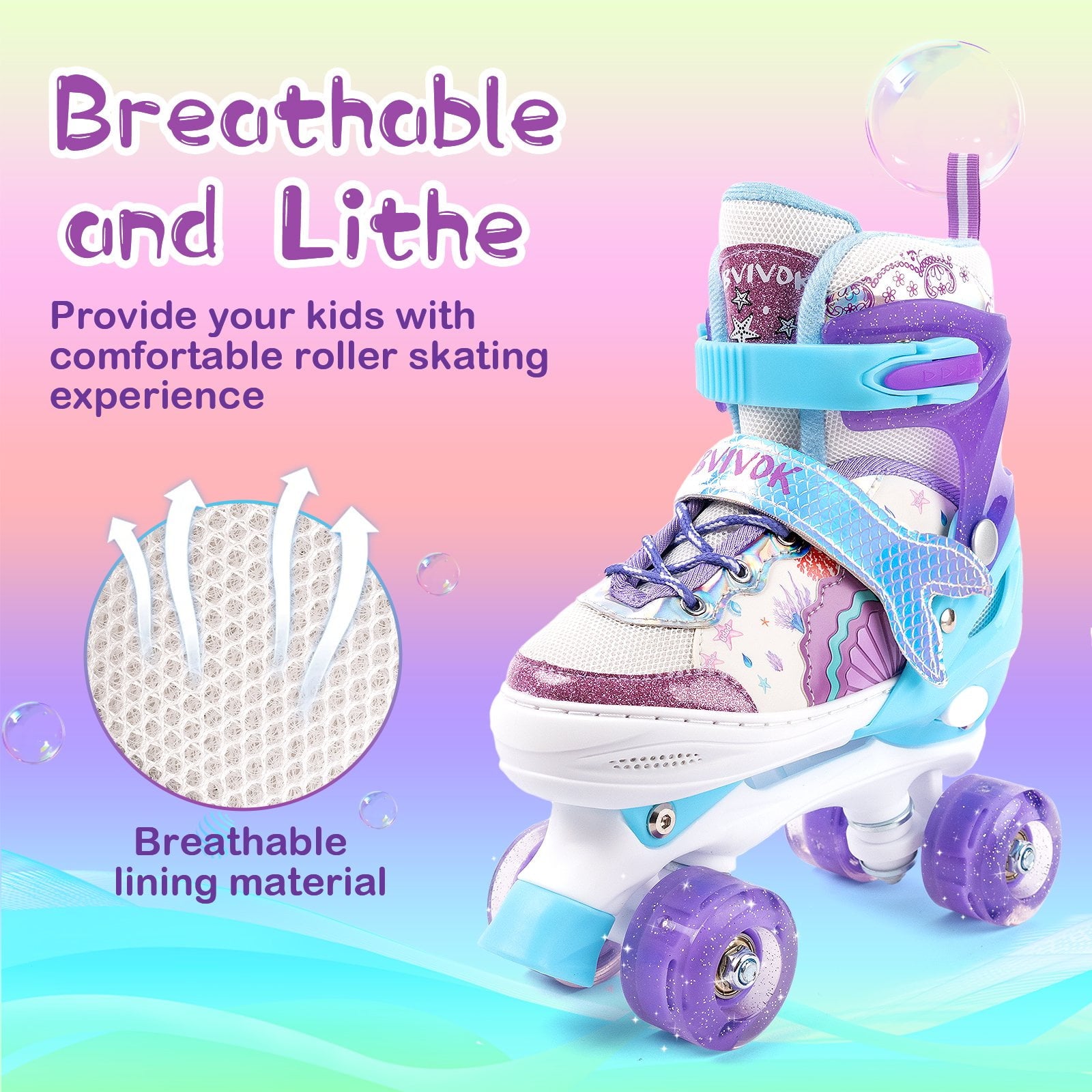 BVIVOK Adjustable Kids Roller Skates for Girls with Light up Wheels, Purple, Size 10C-13C