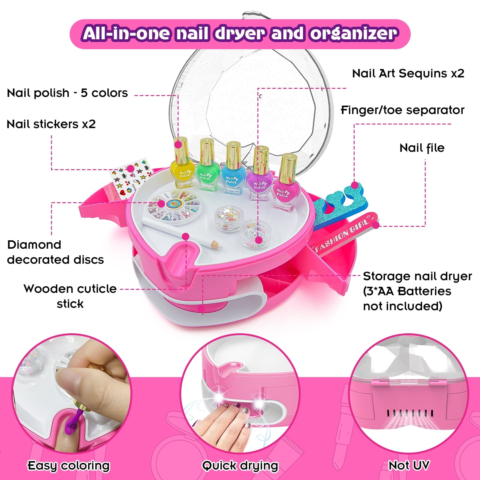 BATTOP Kids Nail Polish Kit for Girls Ages 6-12, Nail Art Set with Nail Dryer, Peel-Off Polish & Organizer