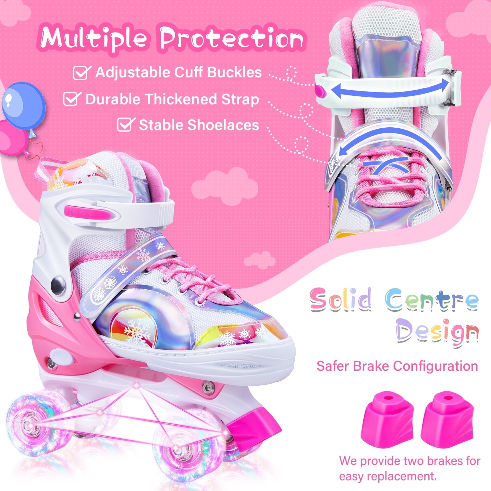 BVIVOK Adjustable Kids Roller Skates for Girls with Light up Wheels, Pink, Size 10C-13C